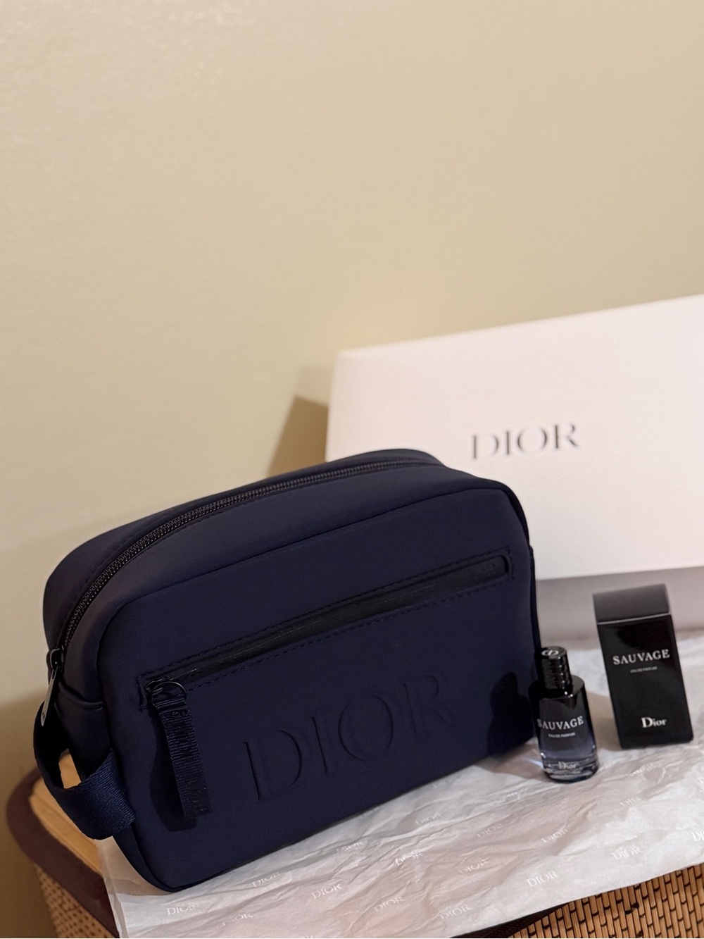 DIOR Navy Embossed Logo Toiletry Pouch and set